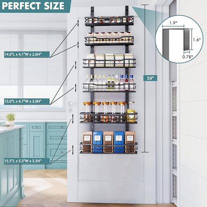 Eastherry Over The Door Pantry Organizer，6-Tier Over The Door Organizer with Adjustable Basket，Metal Hanging Pantry Organizers and Storage for Kitchen, Back of Door Seasoning Rack (Black)