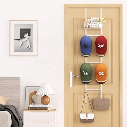 SWTYMIKI Over Door Hat Organizer - Wall Mounted Hat Rack with 6 Hooks and Metal Basket Design, Hanging Baseball Cap Organizer Storage Holds Up to 32 Caps for Door, Bedroom, Closet(White)