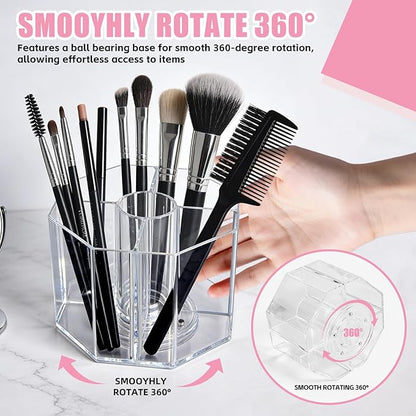 Acrylic Makeup Brush Holder, 360°Rotating Makeup Brush Organizer with 5 Grids, Clear Makeup Holder for Courtup, Bathroom Vanity Desktop Organizer (Rhombus)