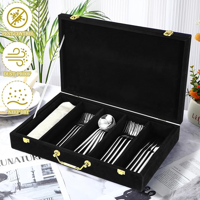 Pickmesh Silverware Case with Lid and Handle, Silverware Storage Box Sterling Silver Flatware Chest Without Silver Tarnish Proof Utensils Organizer for Kitchen Decor Wedding Gifts(Black,1 Layer)