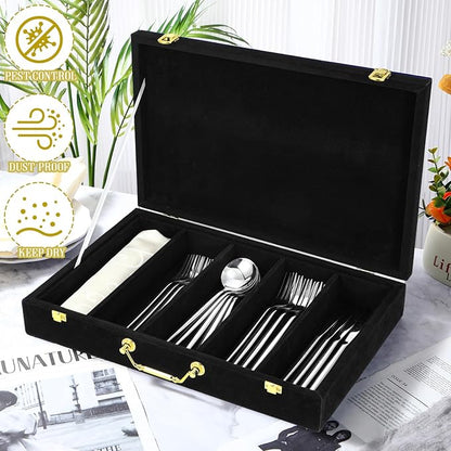 Pickmesh Silverware Case with Lid and Handle, Silverware Storage Box Sterling Silver Flatware Chest Without Silver Tarnish Proof Utensils Organizer for Kitchen Decor Wedding Gifts(Black,1 Layer)