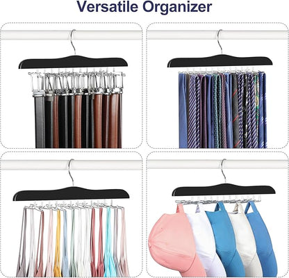 TOPIA HANGER Tie Rack Hanger for Closet 2 Packs, Wooden Tie Organizer for Men with 24 Folding Hooks, Space Saving Necktie Holder for Storage and Display Bra, Tank Top, Camisole (Black) - CT14B-2