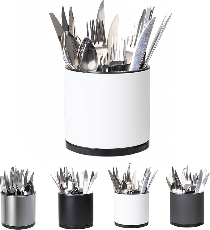LIBODOUR Silverware Organizer Kitchen Utensil Holder 360°Rotating For Counter Organizer Stainless Steel Storage Silverware Caddy 3 Compartment Flatware Spoon Spatula Tool Cutlery Container(White)