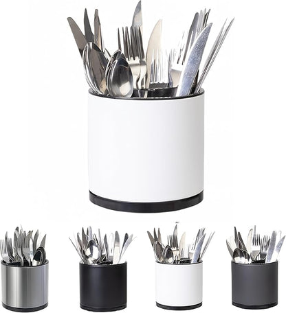 LIBODOUR Silverware Organizer Kitchen Utensil Holder 360°Rotating For Counter Organizer Stainless Steel Storage Silverware Caddy 3 Compartment Flatware Spoon Spatula Tool Cutlery Container(White)