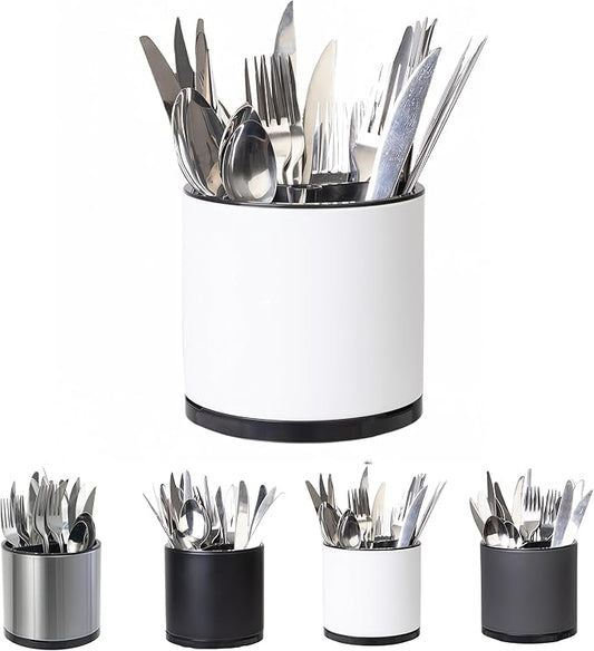 LIBODOUR Silverware Organizer Kitchen Utensil Holder 360°Rotating For Counter Organizer Stainless Steel Storage Silverware Caddy 3 Compartment Flatware Spoon Spatula Tool Cutlery Container(White)