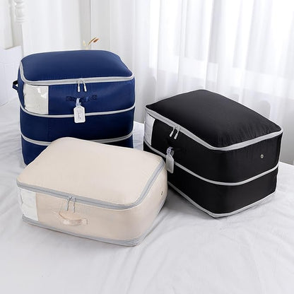 Comforter Storage Bag - Large Capacity Blanket Storage Bags 3-Layer Ultra Space Saving Self Compression Organizer, Washable Compression Bags for Storage Comforter Blanket, 8-Pack, Navy Blue