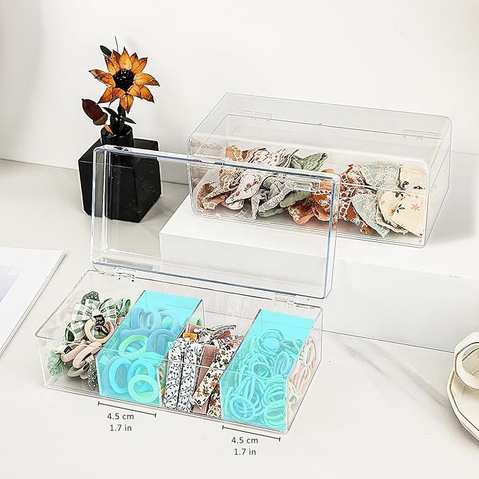 JessLab Hair Accessories Organizer for Girls, Acrylic Hair Bow Tie Clip Scrunchie Holder with Dividers, Clear Stackable Storage Box for Bathroom, Bedroom, Vanity Countertop (1 Compartment)