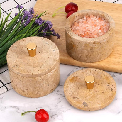 Marble Salt Cellar with Lid, 4 inch Natural Stone Salt Pepper Box, Alloy Lid for Kitchen Countertop Storage (Mud yellow, 4 * 3.5)