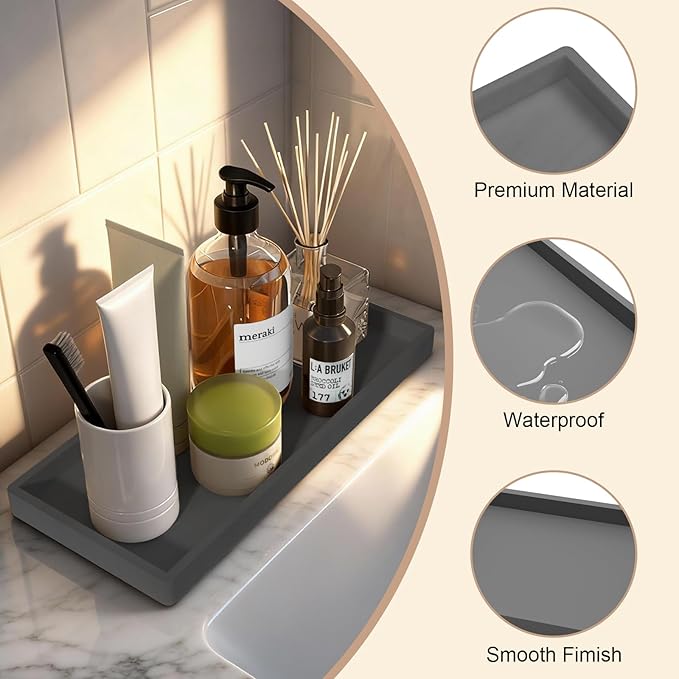 Silicone Bathroom Vanity Tray, 7.8 x 3.9 Inch Perfume Trays for Dresser, Soft Organizer Tray for Makeup, Jewelry, Rings, Non-Slip, Waterproof Small Tray for Bathroom Counter, Grey