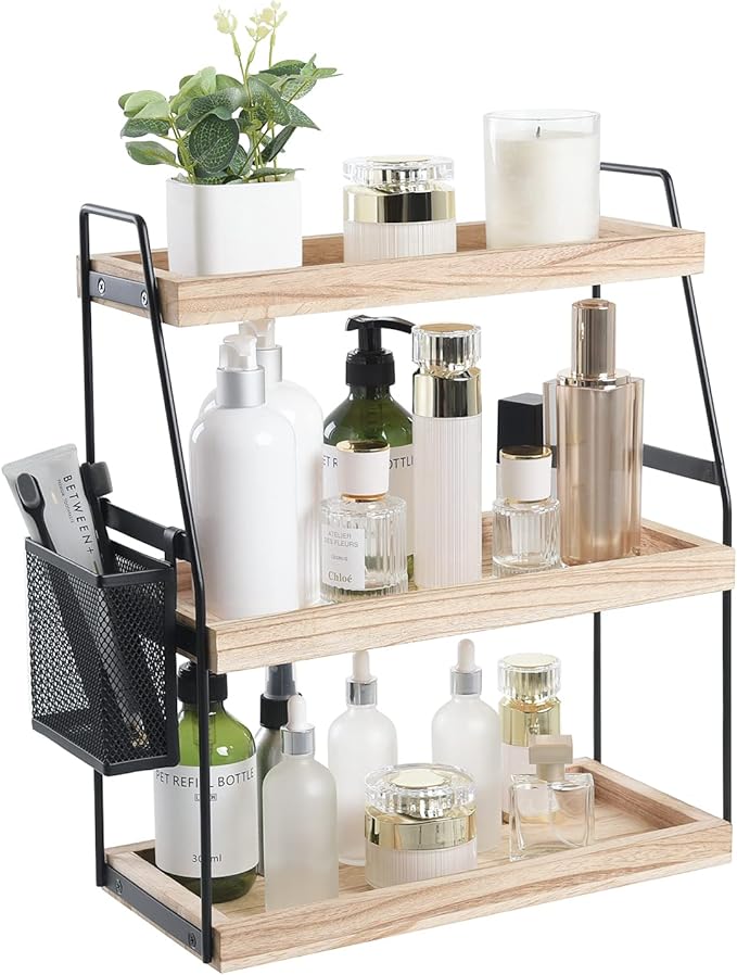 Bathroom Counter Organizer, 3-Tier Standing Storage Shelf with Basket, Wood Tray for Skincare Vanity Organizer