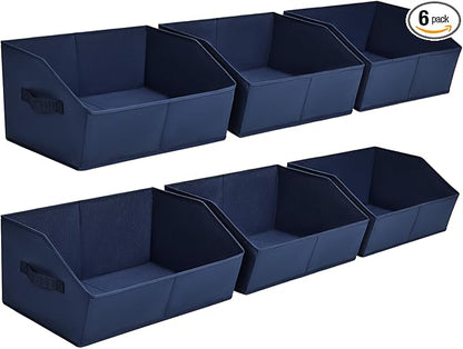 Homsorout Clothes Organizers and Storage - Fabric Storage Bins with Handles, Storage Baskets for Organizing, Trapezoid Storage Cubes for Blankets, Towels, Office, 6 Pack, Navy Blue