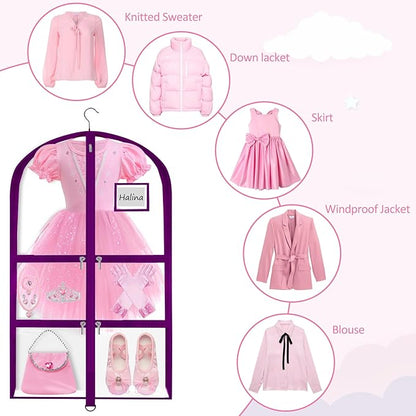 Garment Bags for Dance Costumes - 40 Inch Clear PVC with 5 Zipper Pockets (3 Pack) - Kids Dance Garment Bag for Dancers, Hanging Clothes Storage, Competitions & Travel (‎Clear Purple)