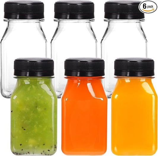 Moretoes 6pcs 4oz Plastic Juice Shot Bottles with Caps, Clear Empty Reusable Ginger Shots Bottles, Disposable Plastics Containers with Lids for Juicing Smoothies, Milk, and Other Beverages