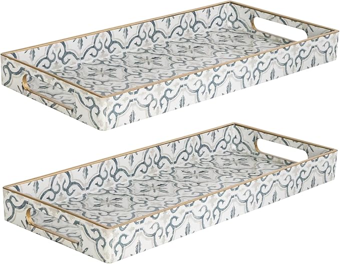 MAONAME White Vanity Tray Set of 2, Plastic Decorative Trays with Handles, Small Moroccan Bathroom Trays for Toilet Tank, Dressr Counter, 13.8" X 6" X 1.57"