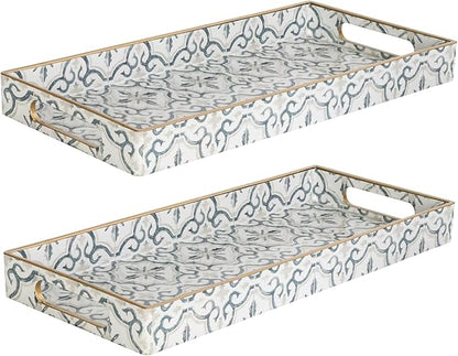 MAONAME White Vanity Tray Set of 2, Plastic Decorative Trays with Handles, Small Moroccan Bathroom Trays for Toilet Tank, Dressr Counter, 13.8" X 6" X 1.57"