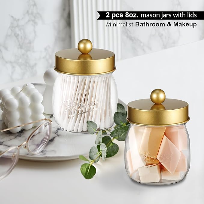 6 Pack Qtip Holder Bathroom Set, SheeChung Plastic Mason Jar Apothecary Jar Set for Bathroom Vanity Storage Organizer, Farmhouse/Home Decor, 12 Labels (Gold)