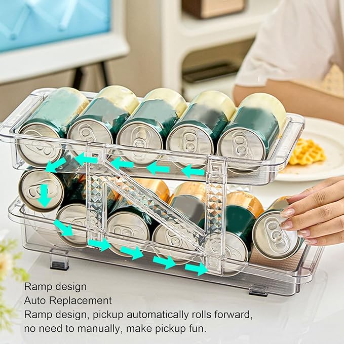 Rolling Soda Can Organizer 2 Layer Expandable Automatic Rolling Beverage Dispenser Beer Can Holder Refrigerator Pantry Freezer (Clear White)