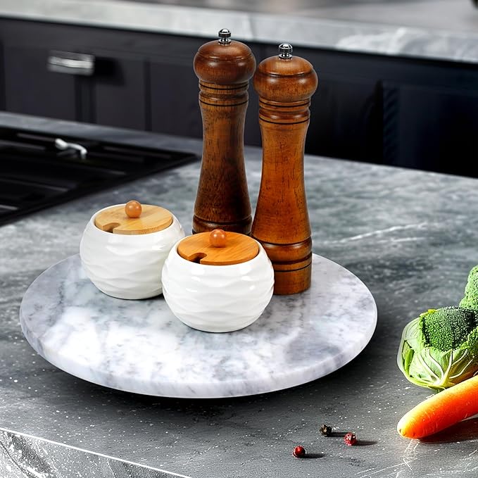 12" Mable Lazy Susan, 100% Natural Marble Round Tray with Silent Rotating, Kitchen Turntable Storage Turner Revolving Cake Leveler Spinner for Cupcake, Food, Seasoning