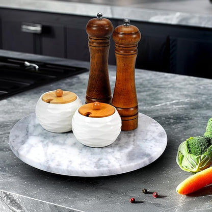 12" Mable Lazy Susan, 100% Natural Marble Round Tray with Silent Rotating, Kitchen Turntable Storage Turner Revolving Cake Leveler Spinner for Cupcake, Food, Seasoning