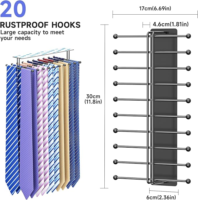 Tie Rack Wall Mounted, Tie Organizer for Men, Tie Rack Hanger for Closet Metal, Adhesive Tie Holder Organizer with 20 Hooks, Tie Storage for Wall Bedroom Living Room Dresser Room (Black)