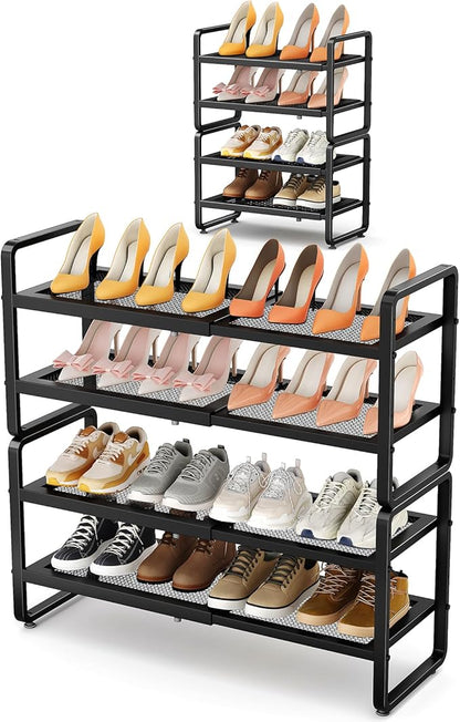 SNTD Shoe Rack - Expandable Shoe Organizer for Closet, Adjustable Metal Shoe Shelf Storage, Stackable Long Shoe Stand Holder for Garage, Entryway, Door Entrance (Black, 4-Tier)