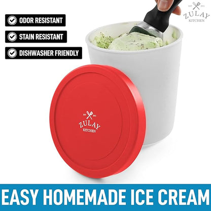 Zulay Large Ice Cream Containers - 2 Pack, 1 Quart Each - Reusable Ice Cream Container Set with Lids - For Sorbet, Gelato, Frozen Yogurt (Red)