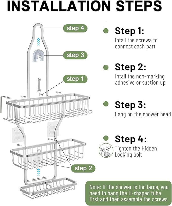 Shower Caddy Hanging - Never Rust Shower Hanging Organizer - Aluminum Over the ShowerHead Caddy with 6 Hooks for Razor/Sponge (Silver)