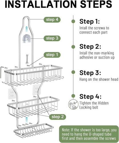 Shower Caddy Hanging - Never Rust Shower Hanging Organizer - Aluminum Over the ShowerHead Caddy with 6 Hooks for Razor/Sponge (Silver)