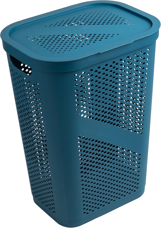 Mind Reader 60L Slim Laundry Hamper, Clothes Basket, Lid, Ventilated, Plastic, Set of 2, Blue