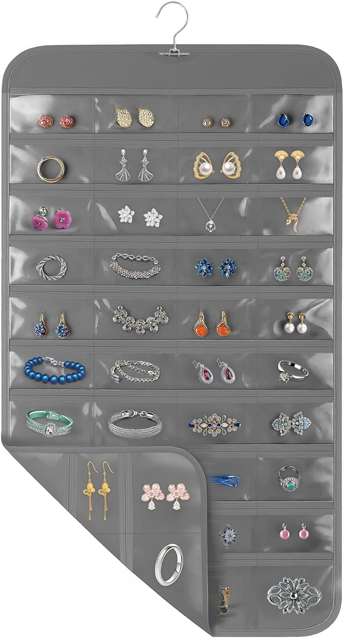 1 Pack Hanging Jewelry Organizer, 80 Clear Pockets earring organizer and storage, Accessories holder organizer for Closet, Jewelries, Necklace, Travel