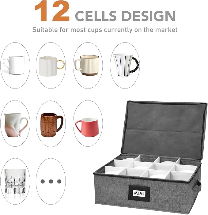 HURZMORO Mug Storage Box with 12 Compartments, Gray Hard Shell Container, Padded Dividers, Dual Handles, Zipper Lid for Coffee Cup Organization and Moving (1, Coffee Cup Storage Box)