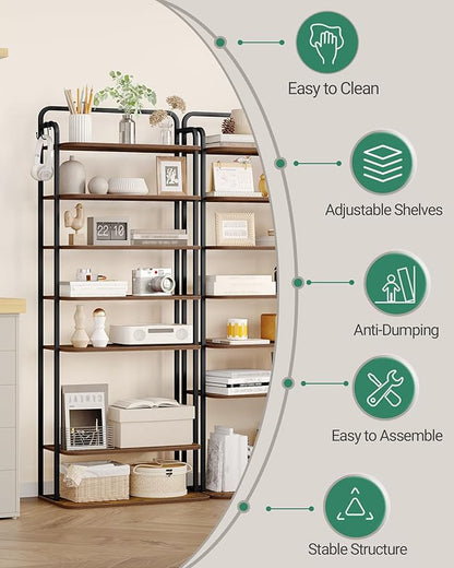 Hzuaneri 8 Tiers Widened Vertical Shoe Rack, Narrow Shoe Tower, Tall Shoes Shelf with 2 Hooks, Adjustable Shelves, Corner Shoes Shelves for Small Spaces, Entryway, Living Room, Rustic Brown SR12501B