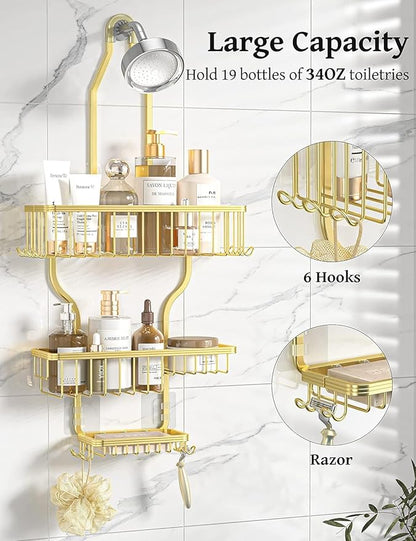 YASONIC Never-Rust Aluminum Hanging Shower Caddy – Over-the-Showerhead Organizer with 10 Hooks for Razor and Sponge – Includes Soap Basket – Gold