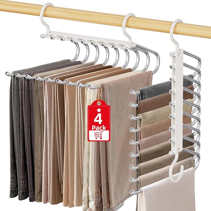 Upgrade 9 Layers Pants Hangers Space Saving, 4 Pack Pant Hangers Organizer Multifunctional Pants Rack Space Saver Closet Organizers and Storage Hangers for Pants Jeans Leggings Skirts, Snowy White