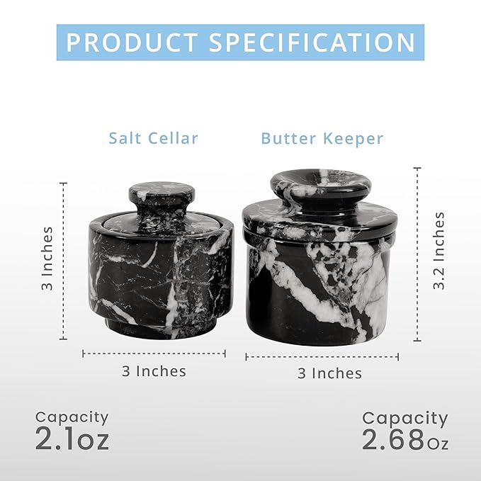 Marble Butter Keeper and Salt Cellar Set, Black Zebra Marble Kitchen Counter Containers for Butter, Seasoning & Condiments, Home & Kitchen Décor