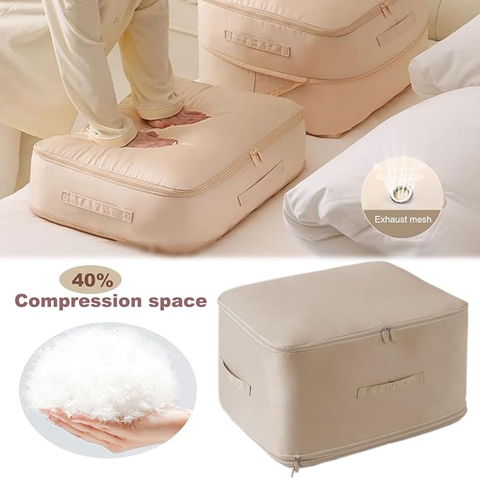 Ultra Space Saving Self Compression Organizer, Storage Tote for Space Saving,Packing Bags Clothes Storage Bags Self Compression Organizer for Comforters, Blankets, Bedding (Beige)