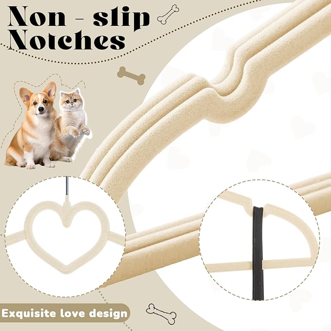 24 Pcs Beige Dog Clothes Hangers 13'' Non-Slip & 360° Swivel Pink Velvet Pet Hangers for Dogs and Cats Rustproof Metal Hooks, Space-Saving for Home Storage & Grooming Salons