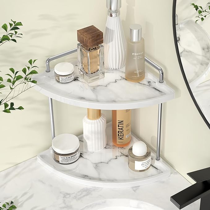 KES Hancrafted Ceramic Corner Bathroom Counter Organizer, 2-Tier Bathroom Countertop Organizer with Marble Pattern, Vanity Skincare Perfume and Makeup Storage, Polished Chrome, BSC901-CH