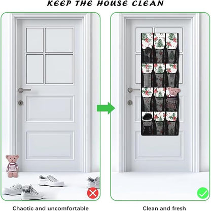 Christmas Tree Over The Door Shoe Organizer Xmas Decor Mesh Fabric Door Hanger Organizer for Kids Room Space Saving Shoe Holder Hanger Christmas Wall Hanging Storage for Closet