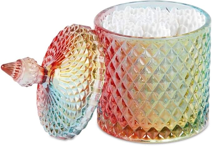 Colorful Home Decorative Jar Qtips Holder Dispenser Glass Storage Container Bathroom Counter Vanity Organizer for Bath Salts/Swabs/Rounds Makeup Sponges Toothpick Jewelry(Rainbow, 10 oz)
