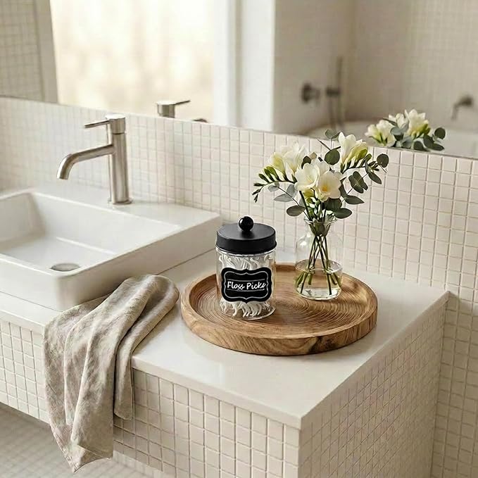Amolliar Apothecary Jars Bathroom Vanity Organizer -Countertop Canister Jar with Storage Lid - Qtip Dispenser Holder Glass for Qtips,Cotton Swabs,Makeup Sponges,Hair Band- Black (1 Pack)