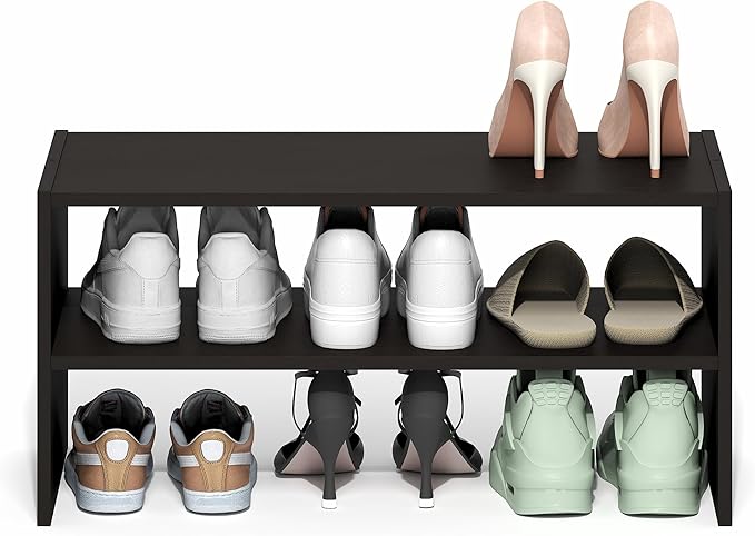 Furinno FANO Shoe Rack, 24-Inch Width 2-Tier Shoe Organizer, Stackable Shoe Storage, 11.7 x 24.2 x 11.7, for Closet Entryway, Office, Garage, Black Dark Oak