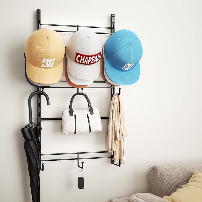 SWTYMIKI Over Door Hat Organizer - 3 Tier Metal Adjustable Wall Mounted Hat Rack with 9 Hooks Design, Hanging Baseball Cap Organizer Storage Holds up to 27 Caps for Door, Bedroom, Closet