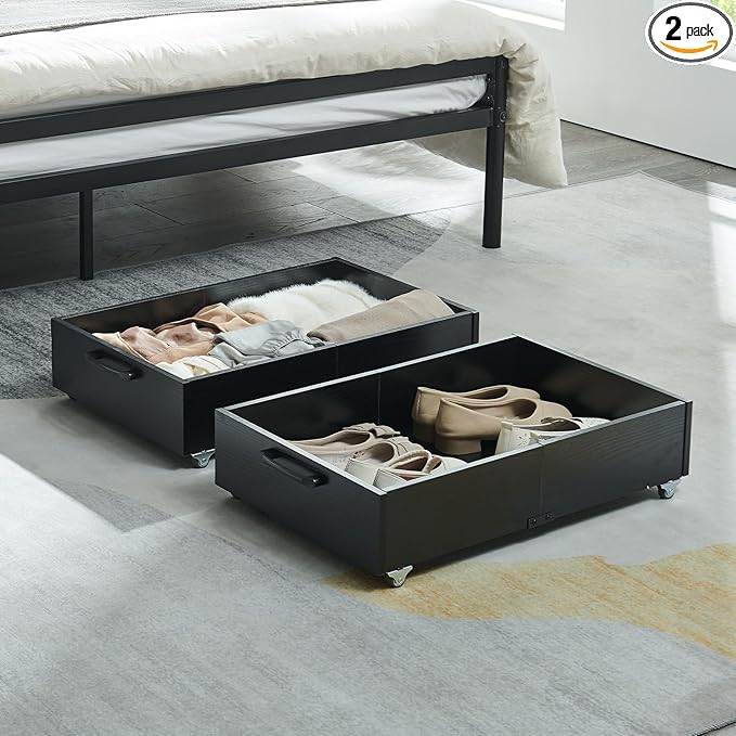 TIOPGHAD Under Bed Storage with Wheels, 2-Pack Under Bed Shoe Storage Organizer Drawer, Composite Wood Organizer for Shoes Clothes Containers in Bedroom for Clothes,Shoes(Black)