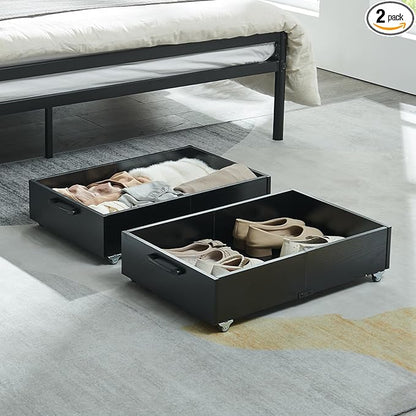 TIOPGHAD Under Bed Storage with Wheels, 2-Pack Under Bed Shoe Storage Organizer Drawer, Composite Wood Organizer for Shoes Clothes Containers in Bedroom for Clothes,Shoes(Black)