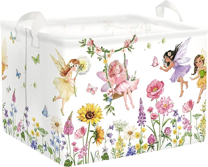 Clastyle Lovely Princess Laundry Basket Kids Clothes Book Storage Basket Gift Toy Box for Bedroom Decor,Flower Fairy,40x30x30 cm