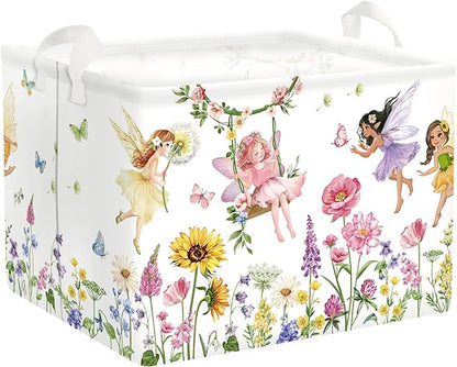 Clastyle Lovely Princess Laundry Basket Kids Clothes Book Storage Basket Gift Toy Box for Bedroom Decor,Flower Fairy,40x30x30 cm