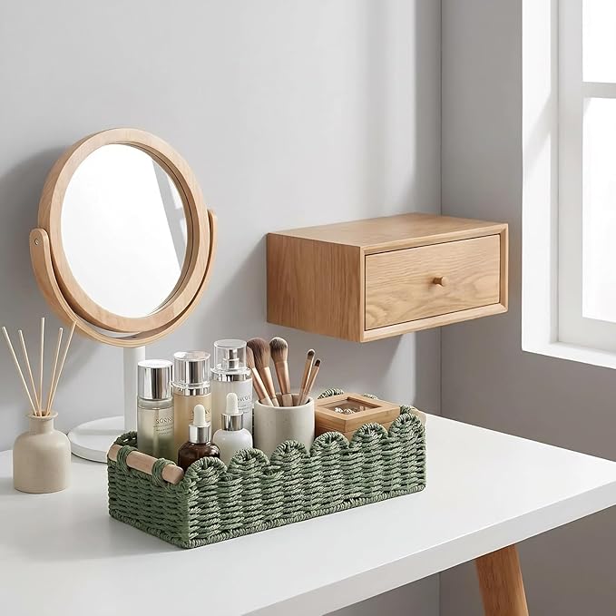 CubesLand Bathroom Basket Organizer, Toilet Tank Paper Storage Baskets 2-Pack, Scalloped Decorative Basket for Countertop w/Handle, Wicker Basket for Bathroom Decor, Home Decor, Living Room, Green