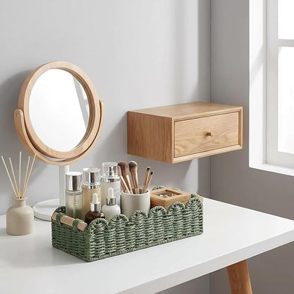 CubesLand Bathroom Basket Organizer, Toilet Tank Paper Storage Baskets 2-Pack, Scalloped Decorative Basket for Countertop w/Handle, Wicker Basket for Bathroom Decor, Home Decor, Living Room, Green
