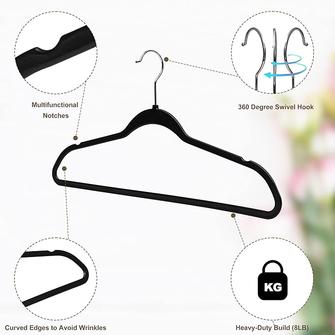 Quality Hangers 200 Pack Slim Plastic Hangers for Clothes - 16.5" Won't Crease Your Clothes, Heavy Duty Non-Velvet Black Hangers, 360° Swivel Chrome Hook Dresses Coats Shirts